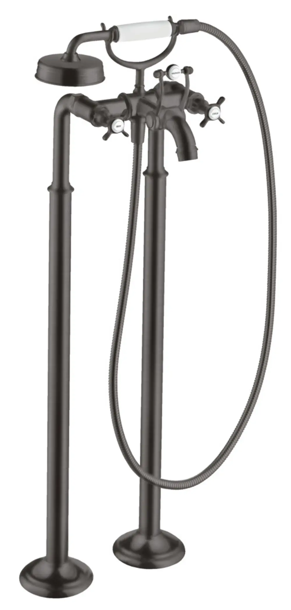 Bodenstehende Armatur mit zwei Kreuzgriffen und einem Handbrauseanschluss in gebürstetem Schwarzchrom von AXOR. Anbindung für Wanneninstallation erkennbar.